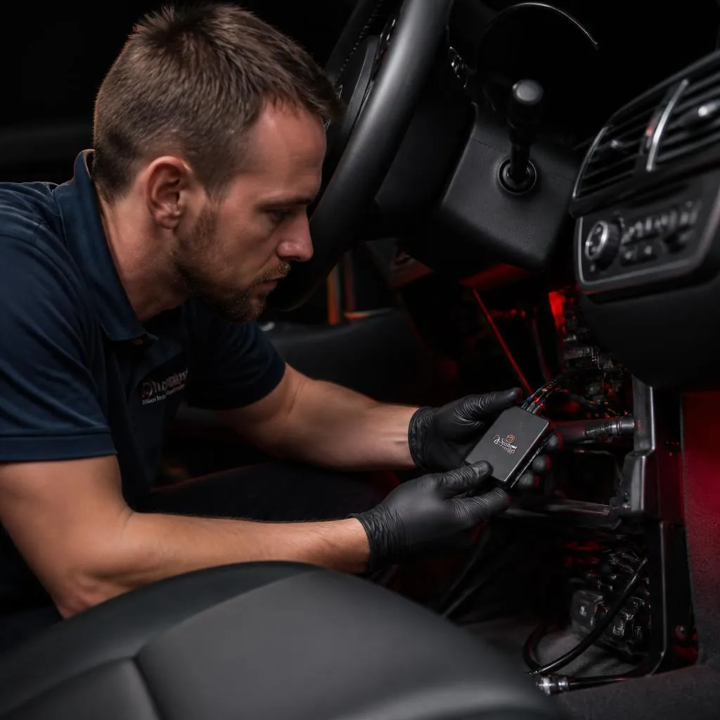 Técnico especializado instalando rastreador veicular no painel do carro